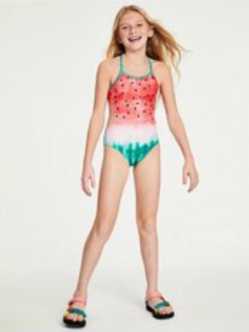 Breaking Waves Girl’s Green One-Piece Watermelon Swimsuit, NWT, Size 12